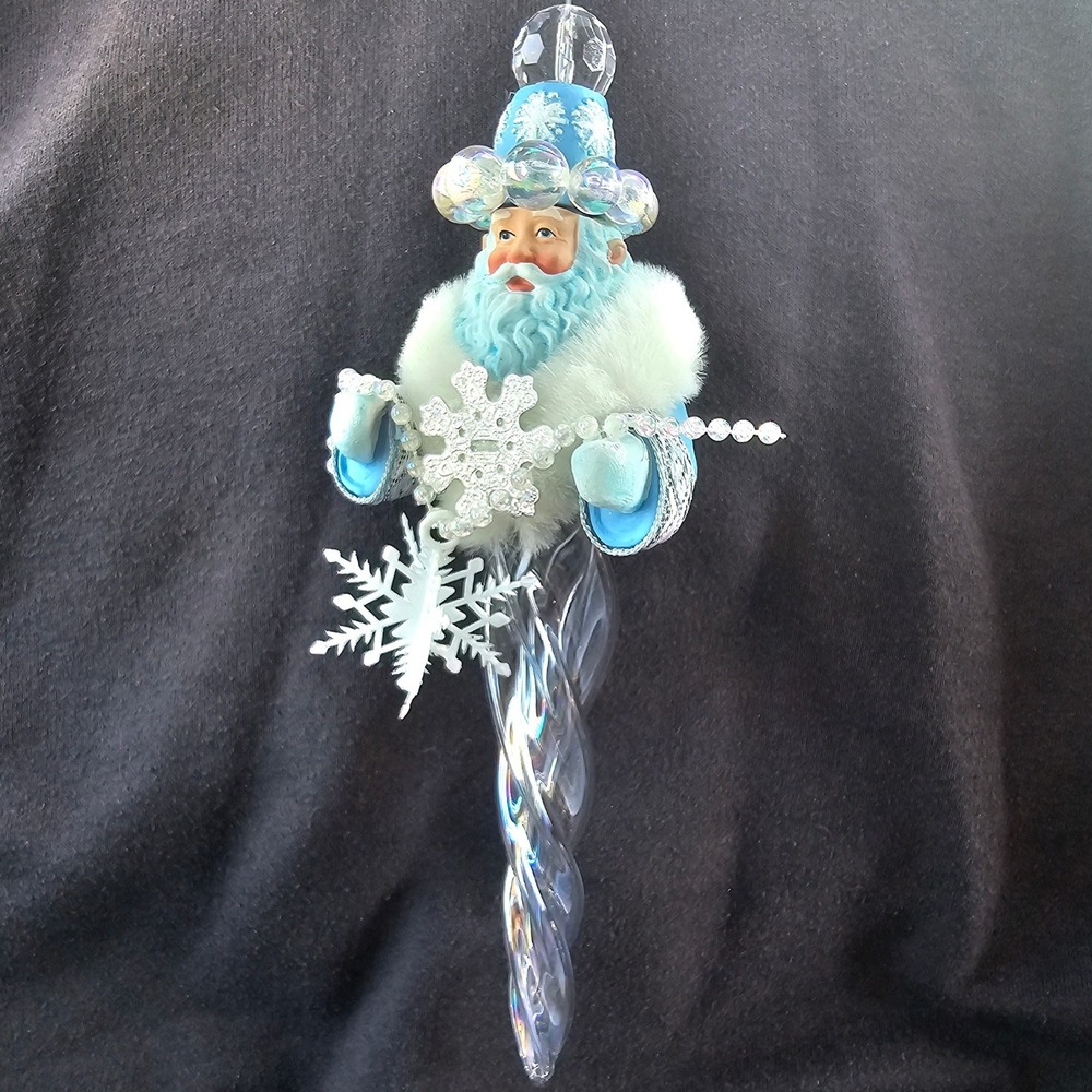 Father Winter Santa Glass Icicle Christmas Ornament Blue Iridescent Snowflake